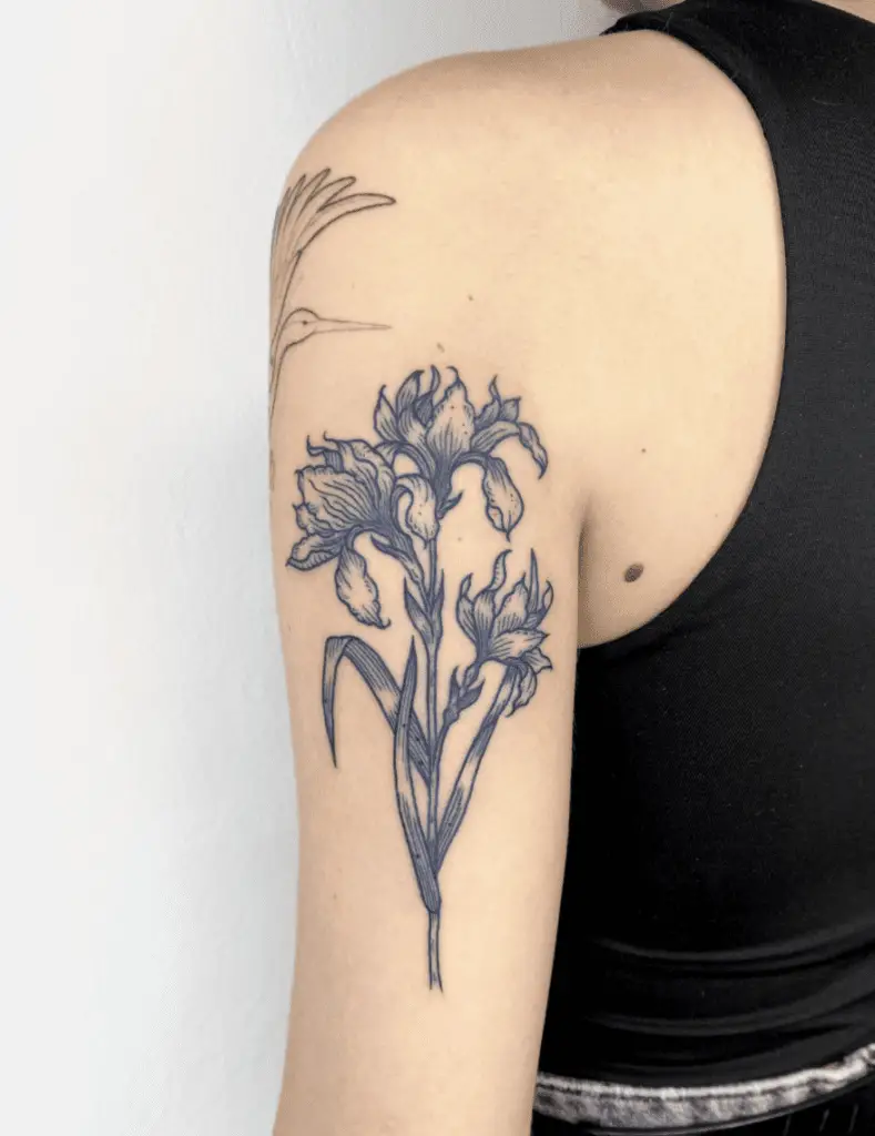 Three Flowers in One Stem Blue Ink Arm Tattoo