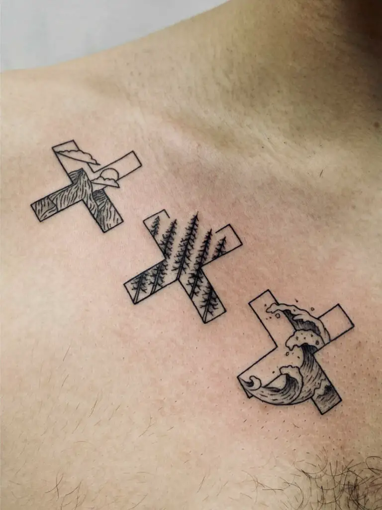 Three Plus Symbols in Different Landscapes Tattoo