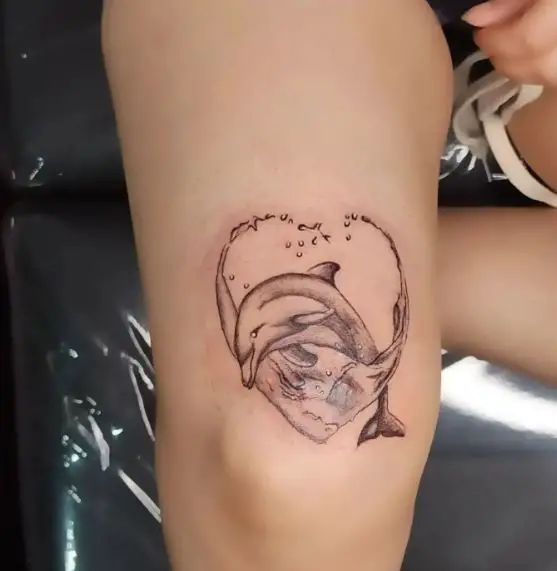 Water Heart and Dolphin Knee Tattoo