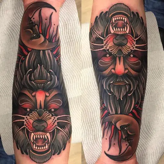 Wolf Face and Ancient Man Face Ambigram Tattoo