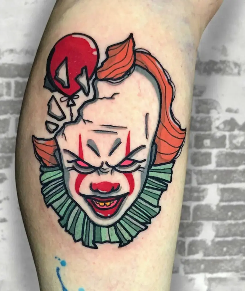 A Colored Scary Clown Cracked Head With A Red Balloon Popping Out Leg Tattoo