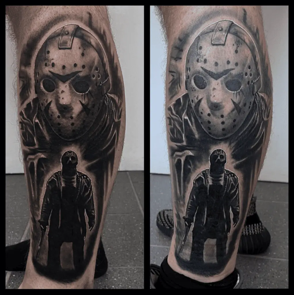 A Man Standing in Front of Masked Man Leg Tattoo