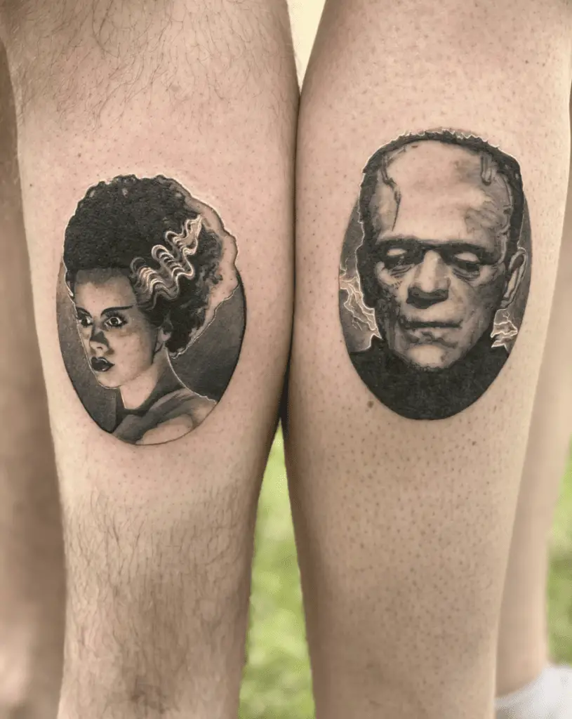 A Picture of a Woman and Man in a circle frame Couple Leg Tattoo