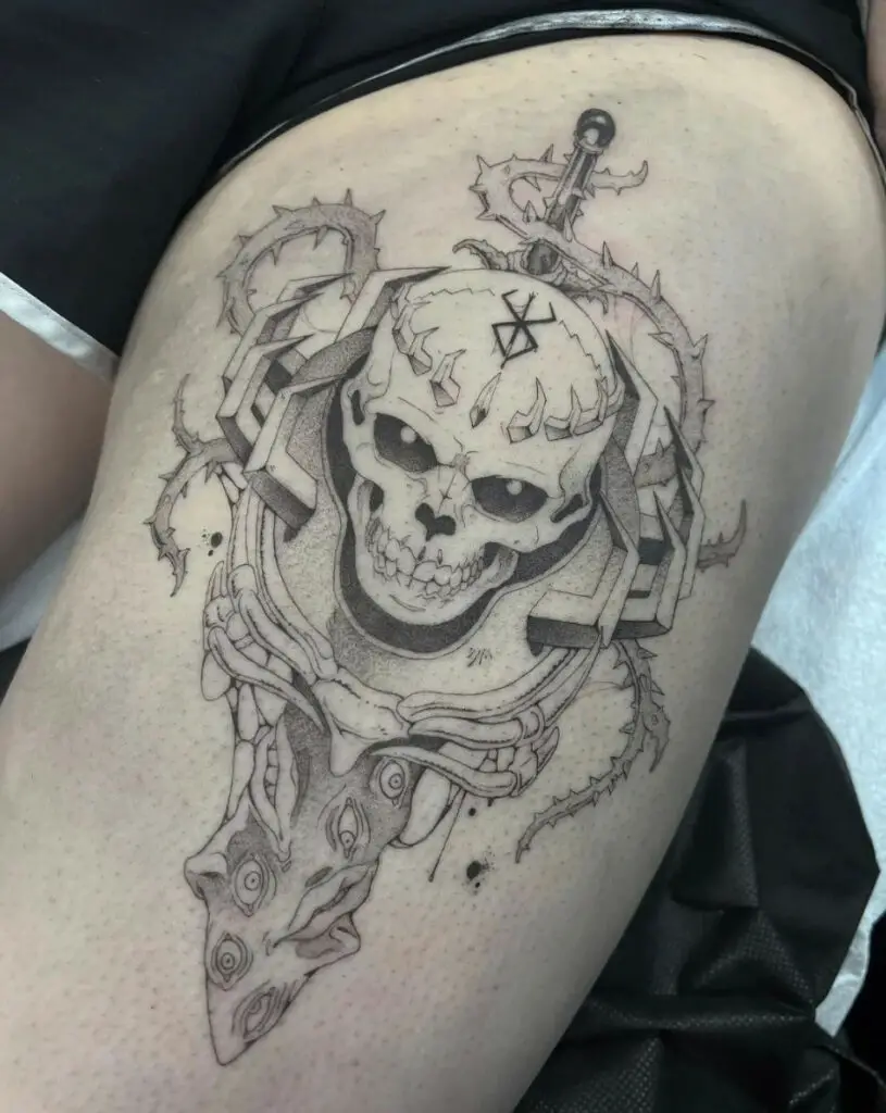 A Skull Placed in Sword That Has An Eyes and Thorn Like Tentacles Thigh Tattoo