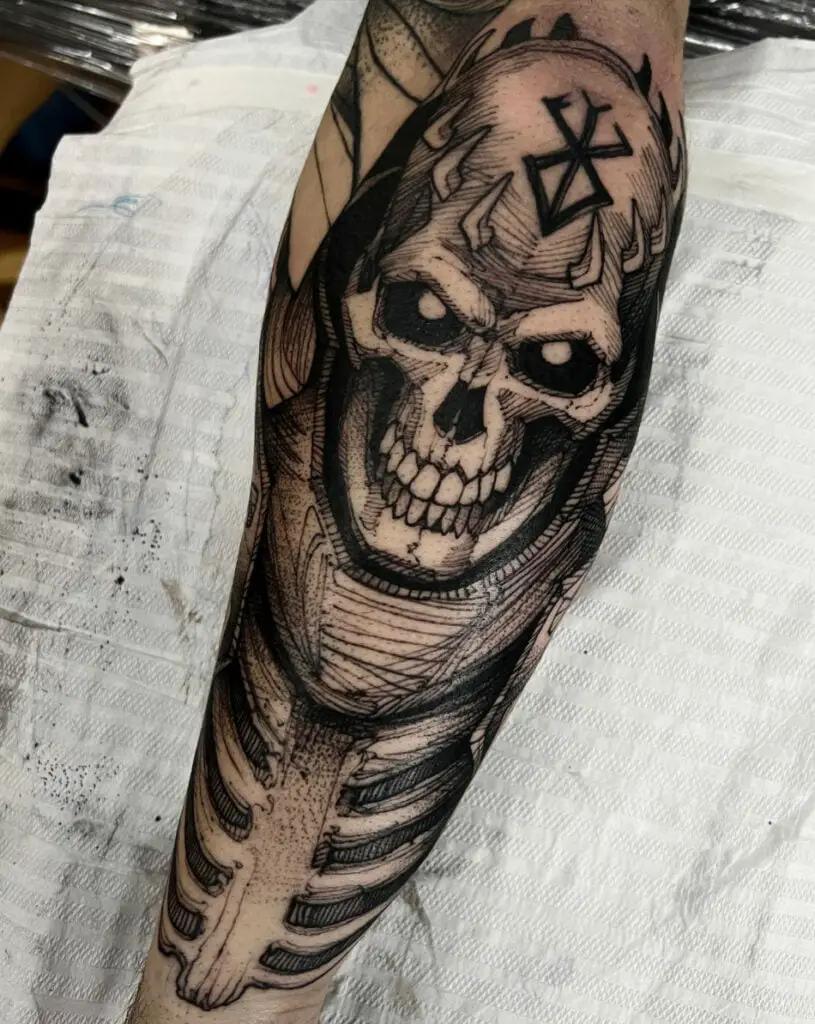 A Skull With Horns and Berserk Mark on His Forehead Arm Tattoo