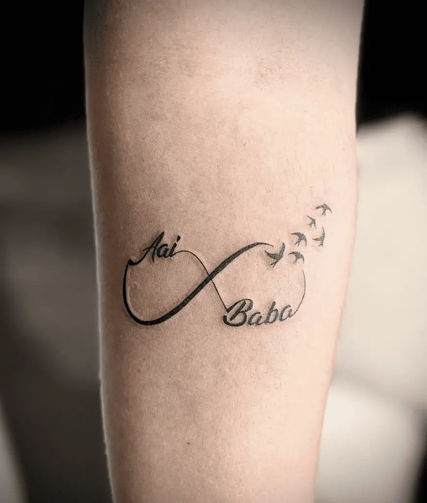 Aai and Baba Text With Infinity and Birds ArmTattoo