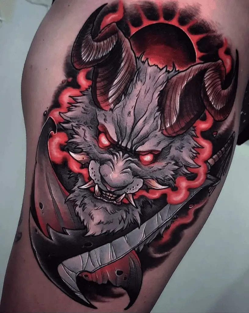 Angry Zodd Red Breath Smoke and Glowing Eyes With Blades Thigh Tattoo