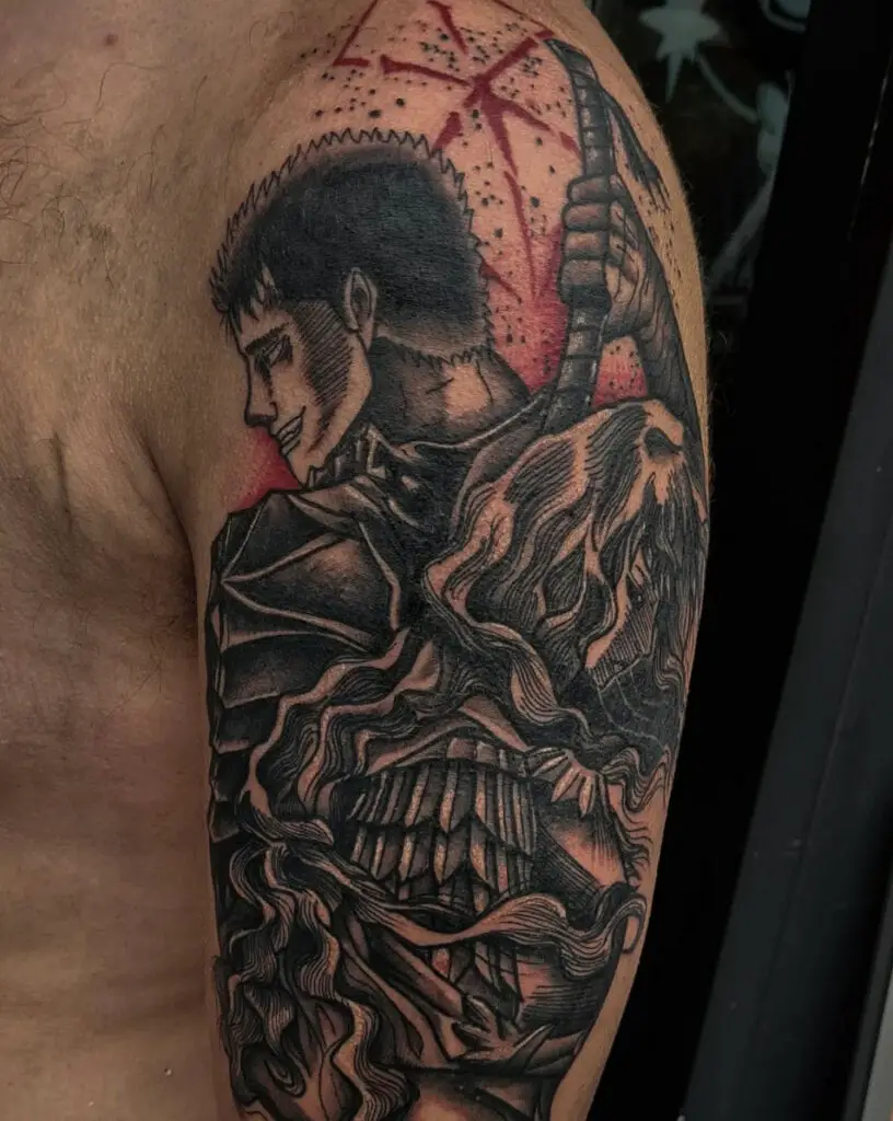 Back View Guts Holding a Sword Upper Arm Tattoo
