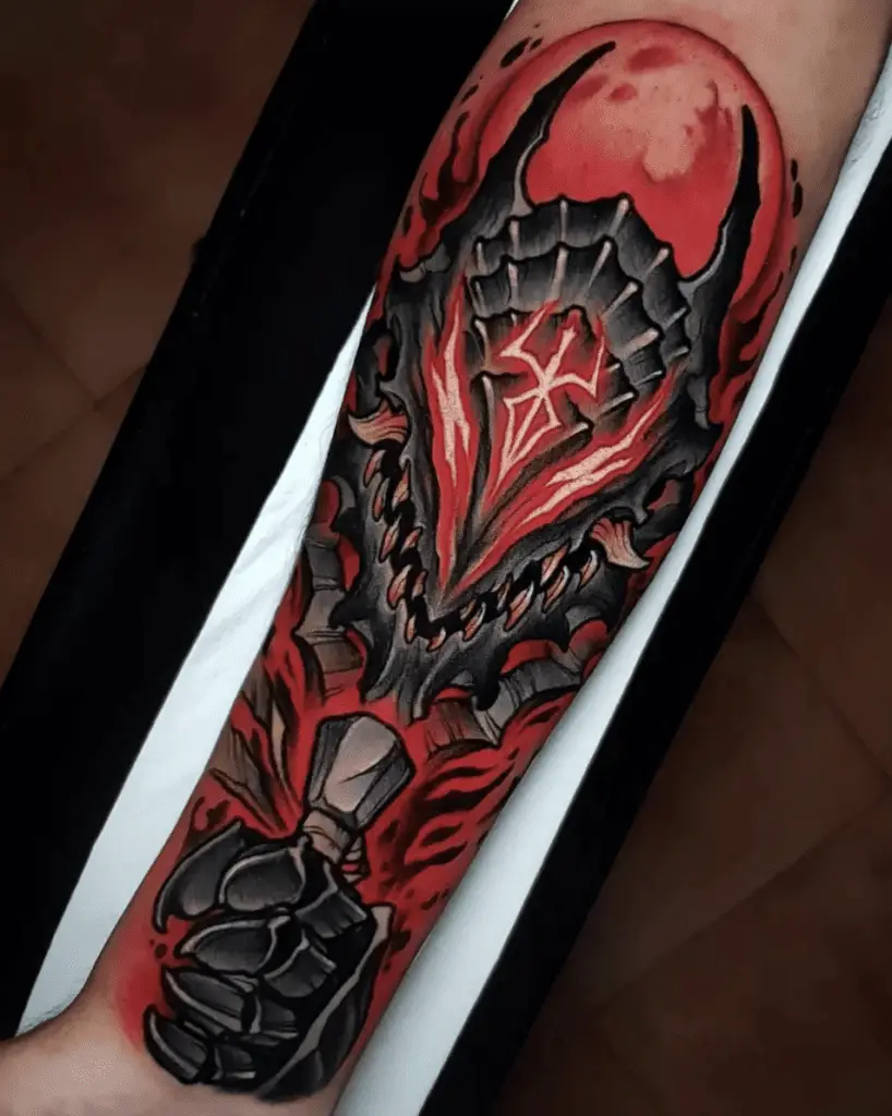 Beast With Red Glowing Berserk Hunters Mark Arm Tattoo
