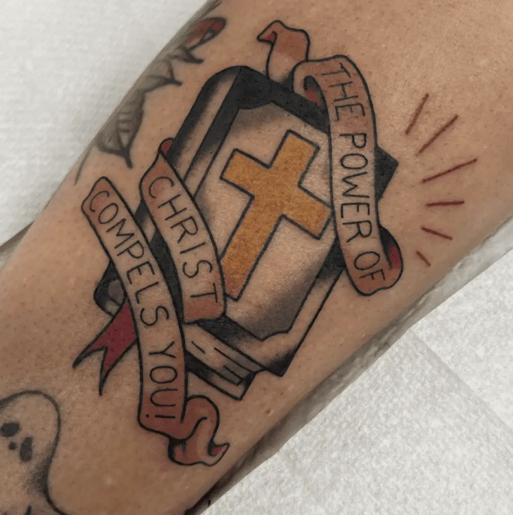 Bible Wrapped in Ribbon With Word Phrase Classic Tattoo