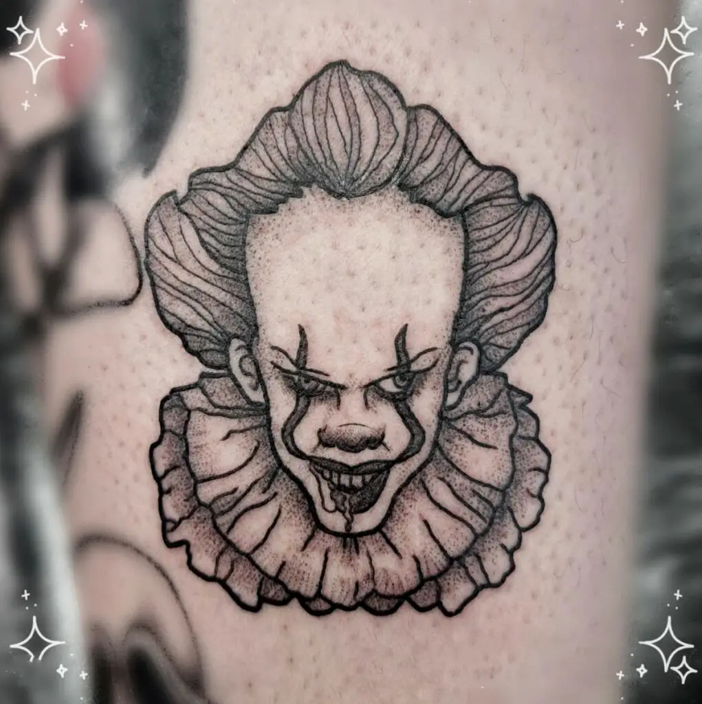 Black And White Scary Clown With Dripping Blood From His Mouth Leg Tattoo