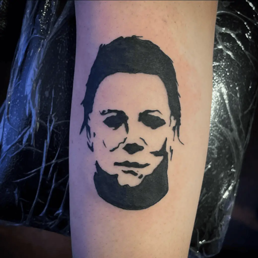 Black Ink Emotionless Masked Man Face Arm Tattoo