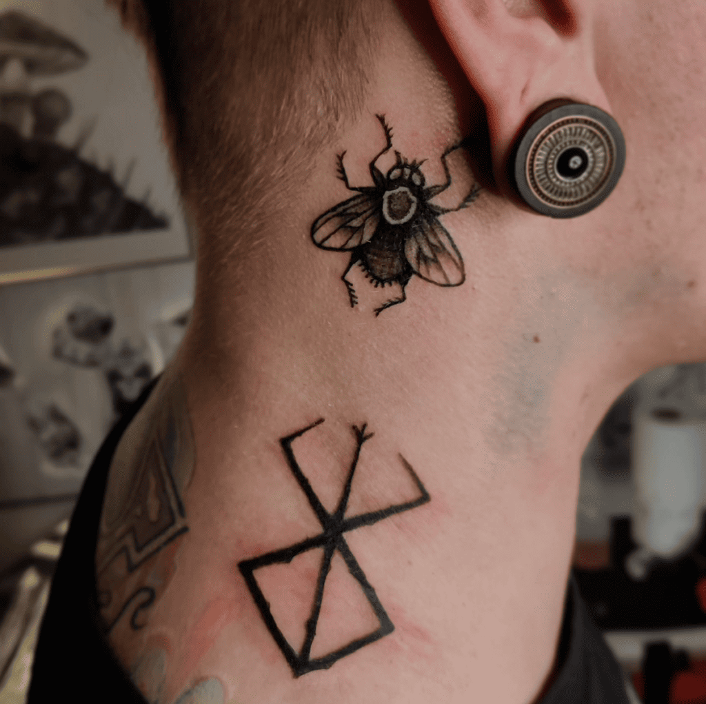 Black Thin Line Berserk Hunters Mark Above the Insect Neck Side Tattoo