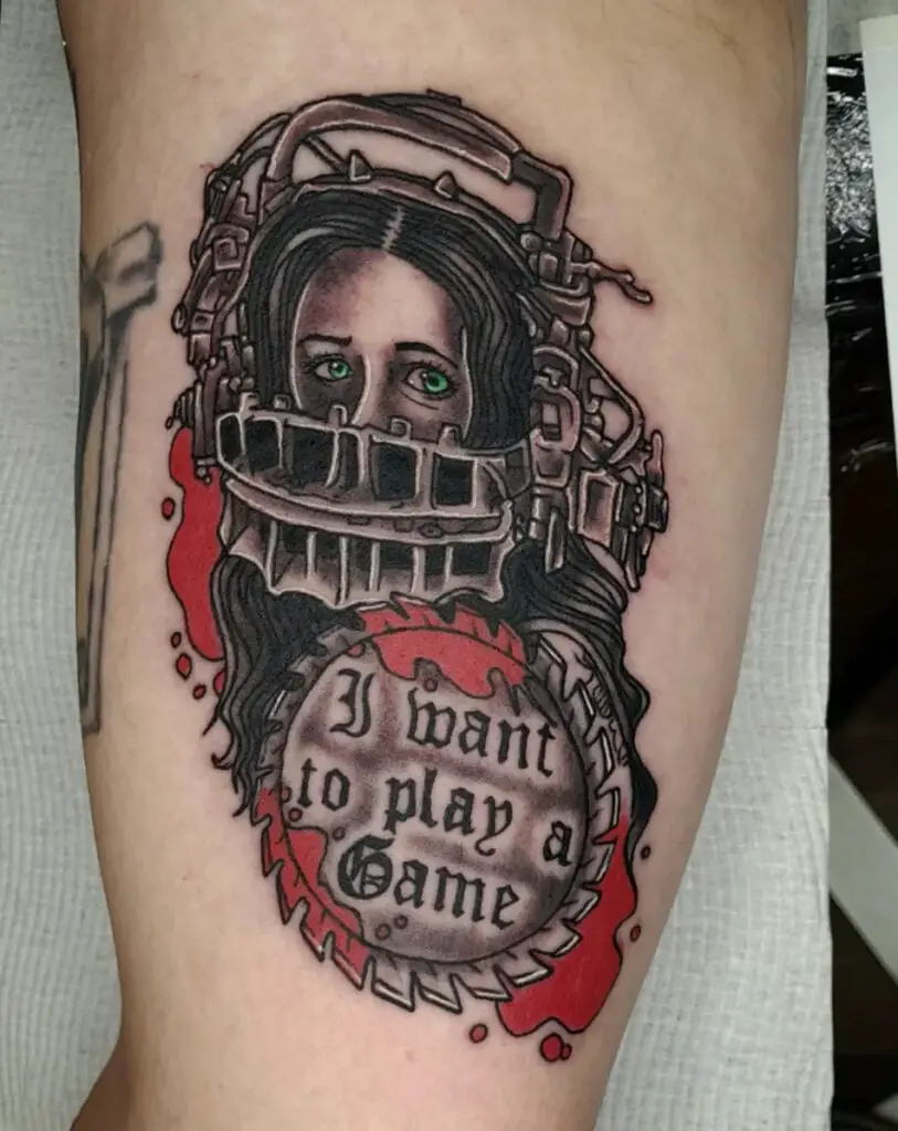 Black Works Woman with an Iron Mask and Text Arm Tattoo