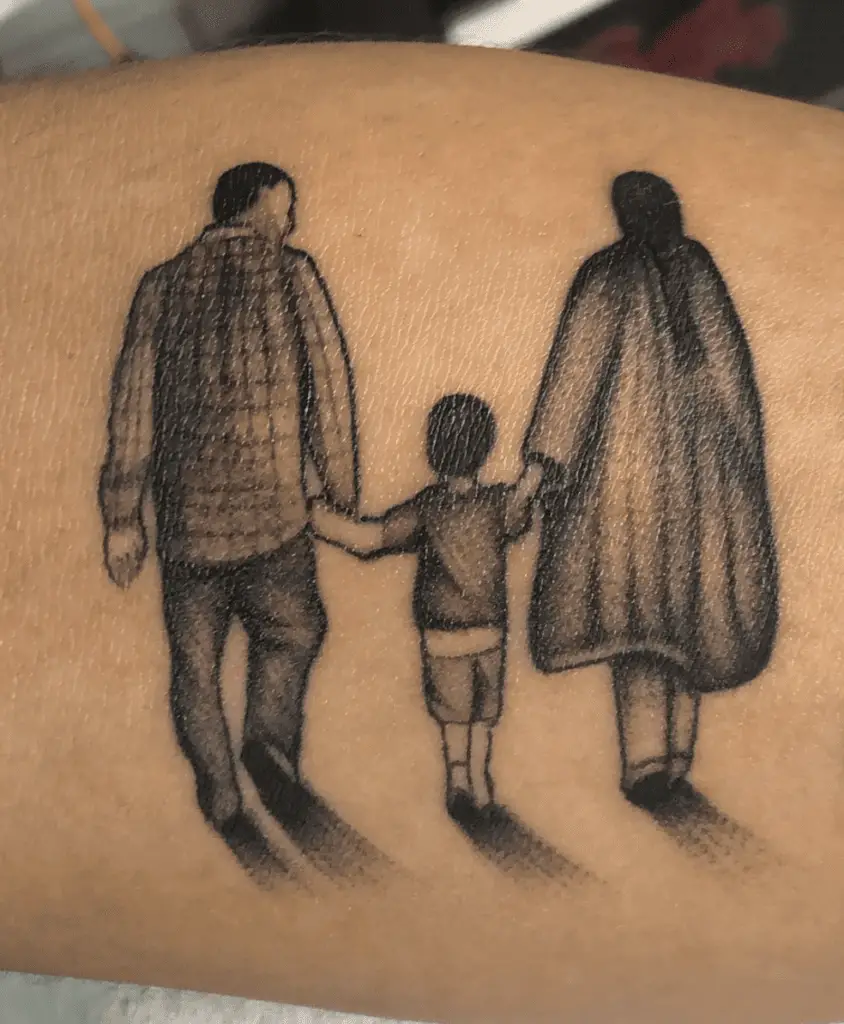 Black and Grey Family Walking Together Thigh Tattoo