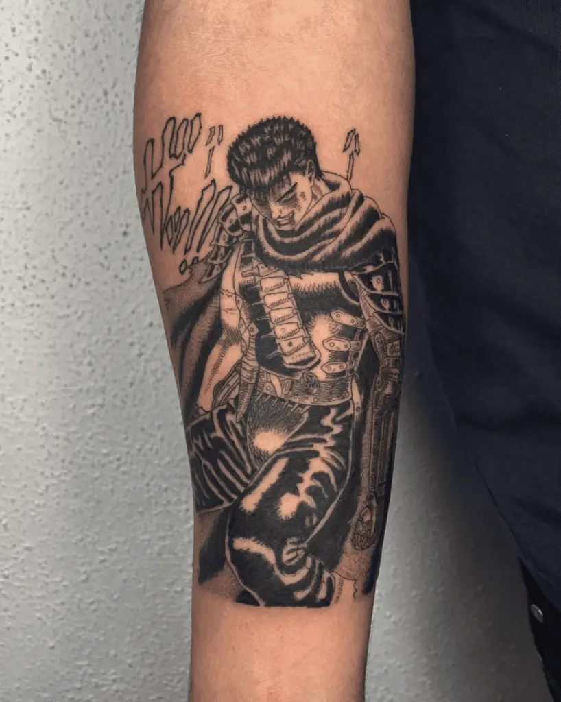 Black and Grey Illustration of Guts Standing Arm Tattoo