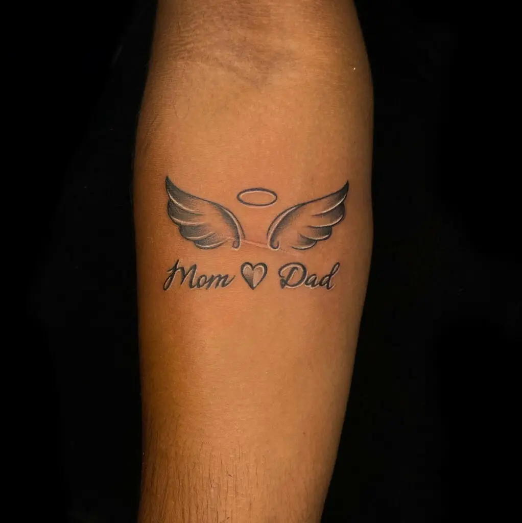 Black and Grey Mom and Dad With Halo Heart Wings Arm Tattoo