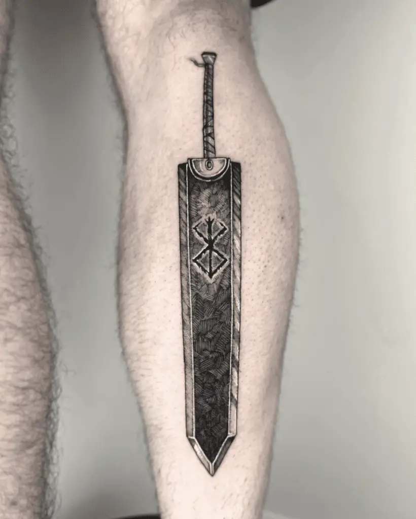 Blade Sword With Berserk Mark Leg Tattoo