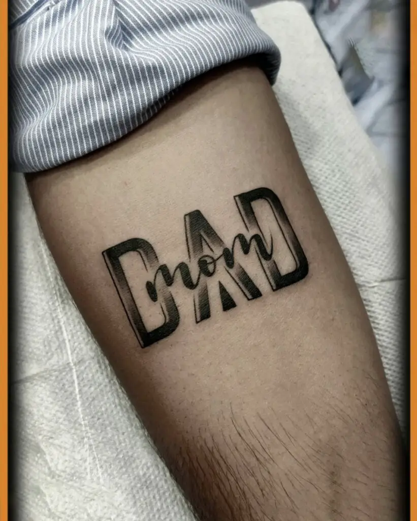 Blended Cursive Mom and Dad in 3D Text Arm Tattoo