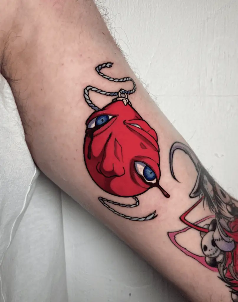 Bright Red Behelit Eyes Open Leg Tattoo