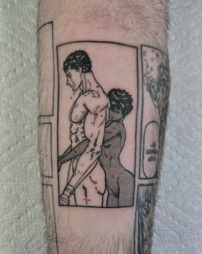 Casca Hugging Guts in Naked Manga Panel Leg Tattoo