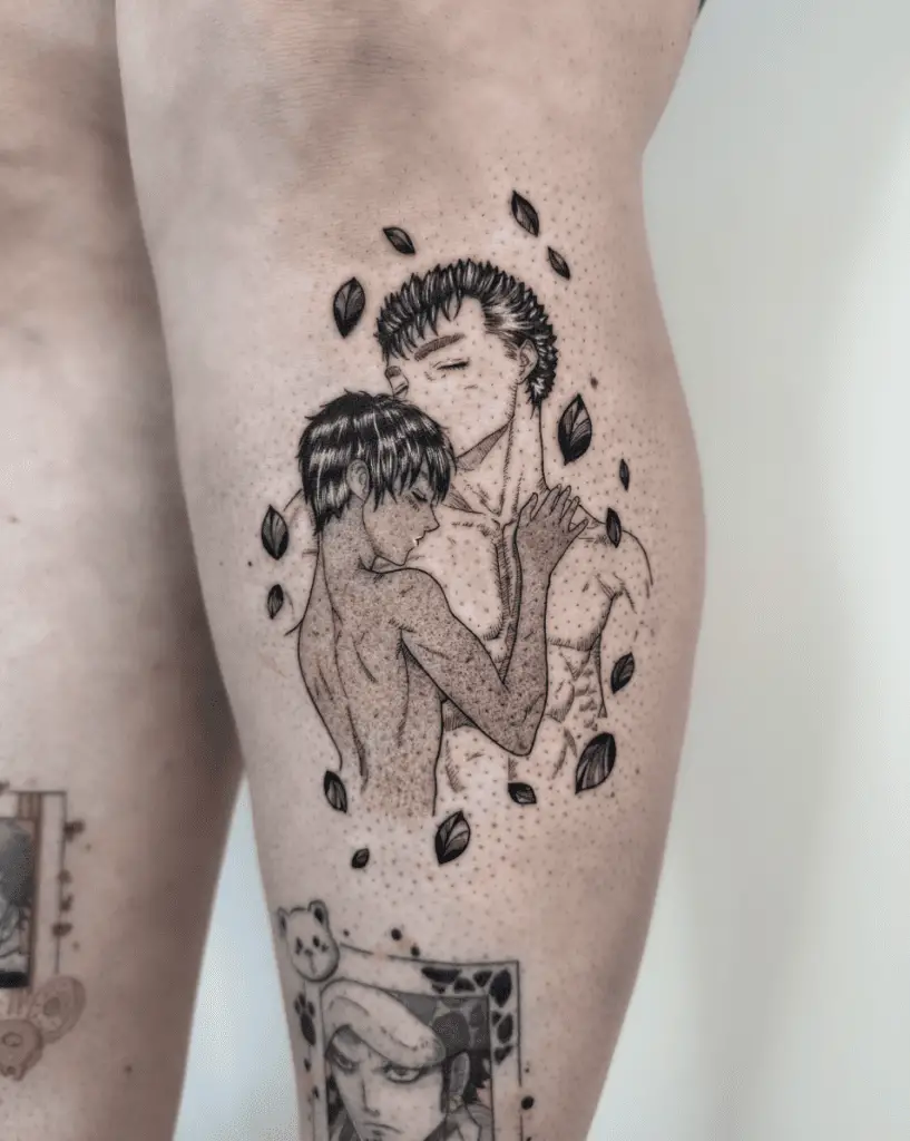 Casca and Guts Being Intimate With Leaves Flying Around Leg Tattoo
