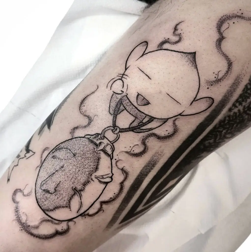Chestnut Puck Carrying Behelit Arm Tattoo