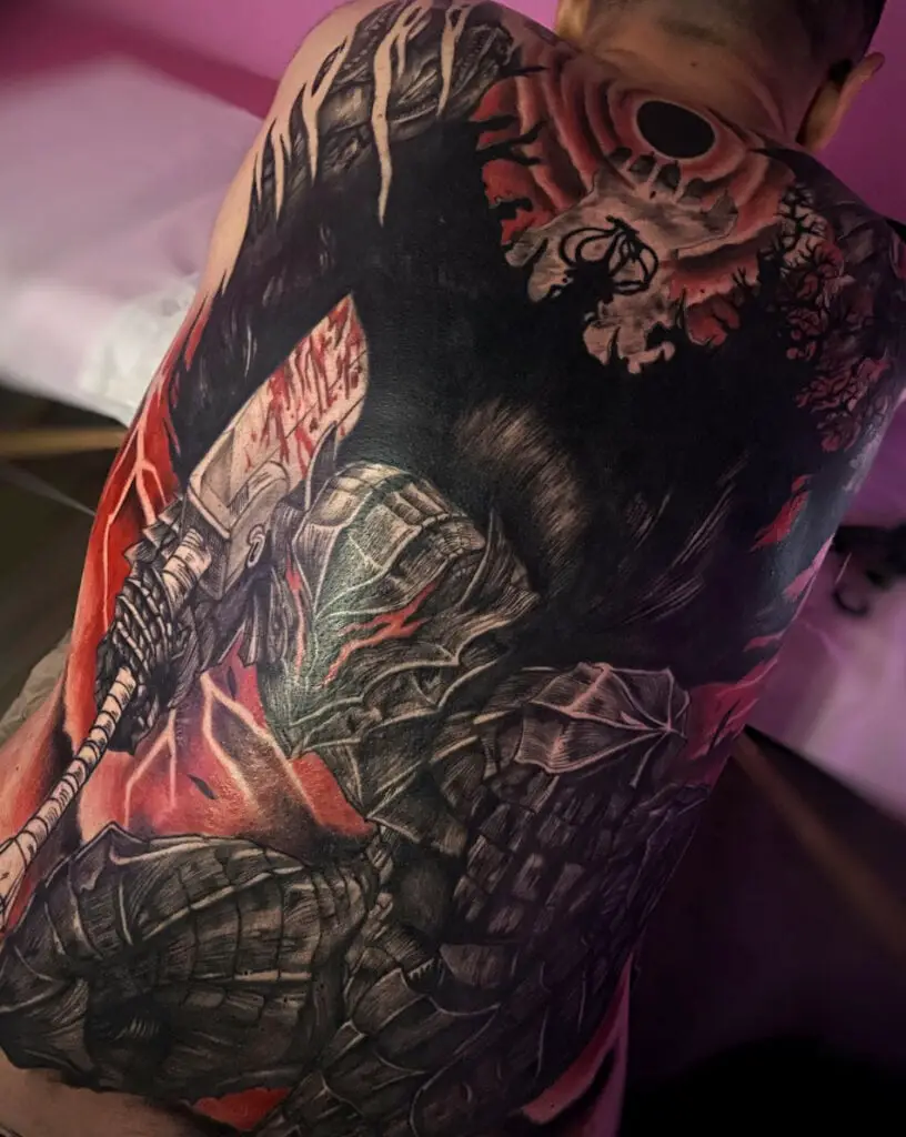 Colored Armored Guts at the Event of Eclipse Backpiece Tattoo