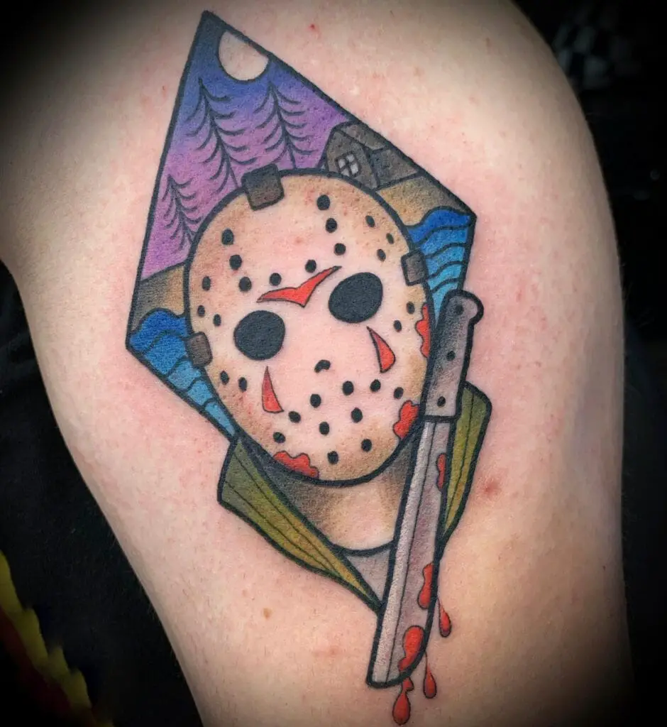 Colored Bloody Hockey Mask and Machete With the Background of Landscape Diamond Tattoo