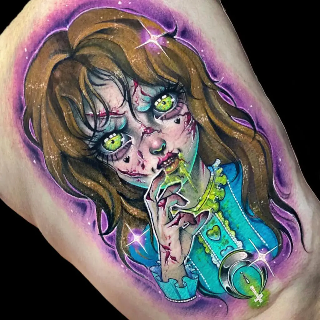 Colored Cartoon of a Young Girl Vomitted All Over Her Mouth and Dress With Violet Aura Thigh Tattoo