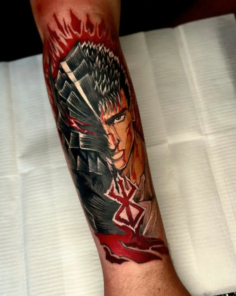 Colored Half Armored and Half Guts With Brand of Sacrifice Arm Tattoo