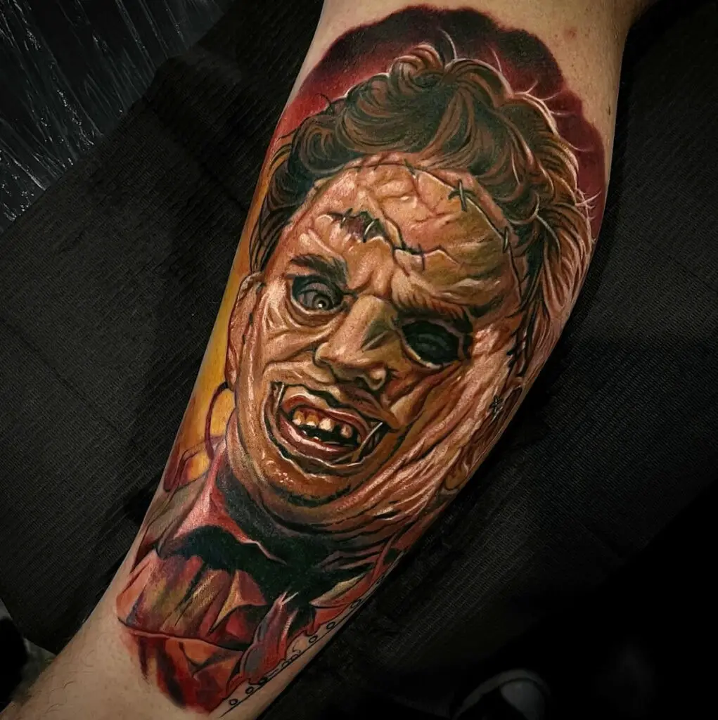 Colored Illustration of Creepy Man Face Leg Tattoo