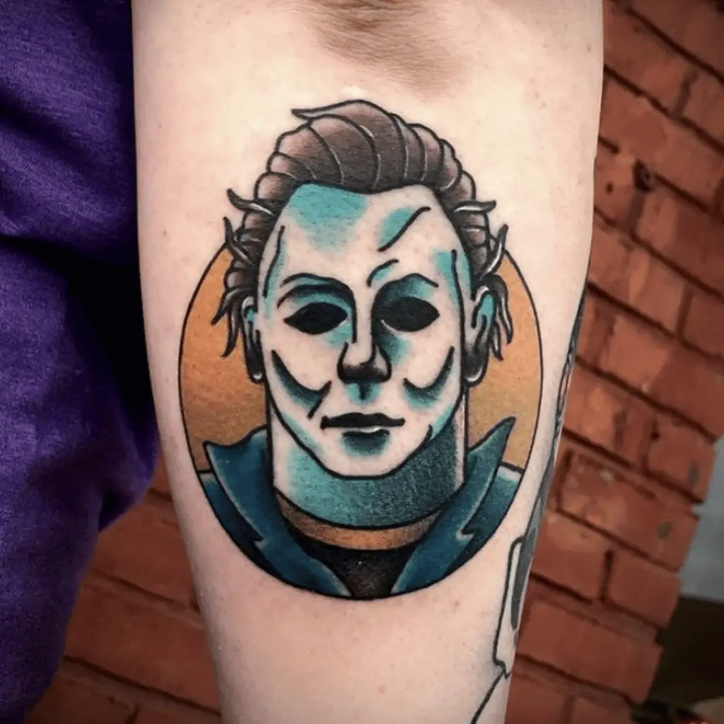 Colored Illustration of Emotionless Masked Man in Circle Frame Arm Tattoo
