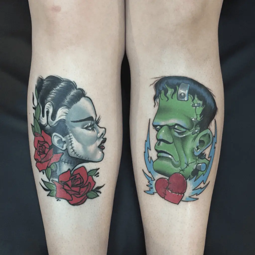 Colored Illustration of Side View Elegant Woman and Ugly Man Eyes Closed With Border Leg Tattoo