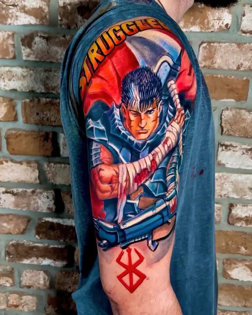 Colored Injured Guts With Berserk Symbol Upper Arm Tattoo