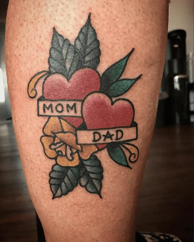 Colored Mom and Dad With Two Hearts in Floral Leg Tattoo