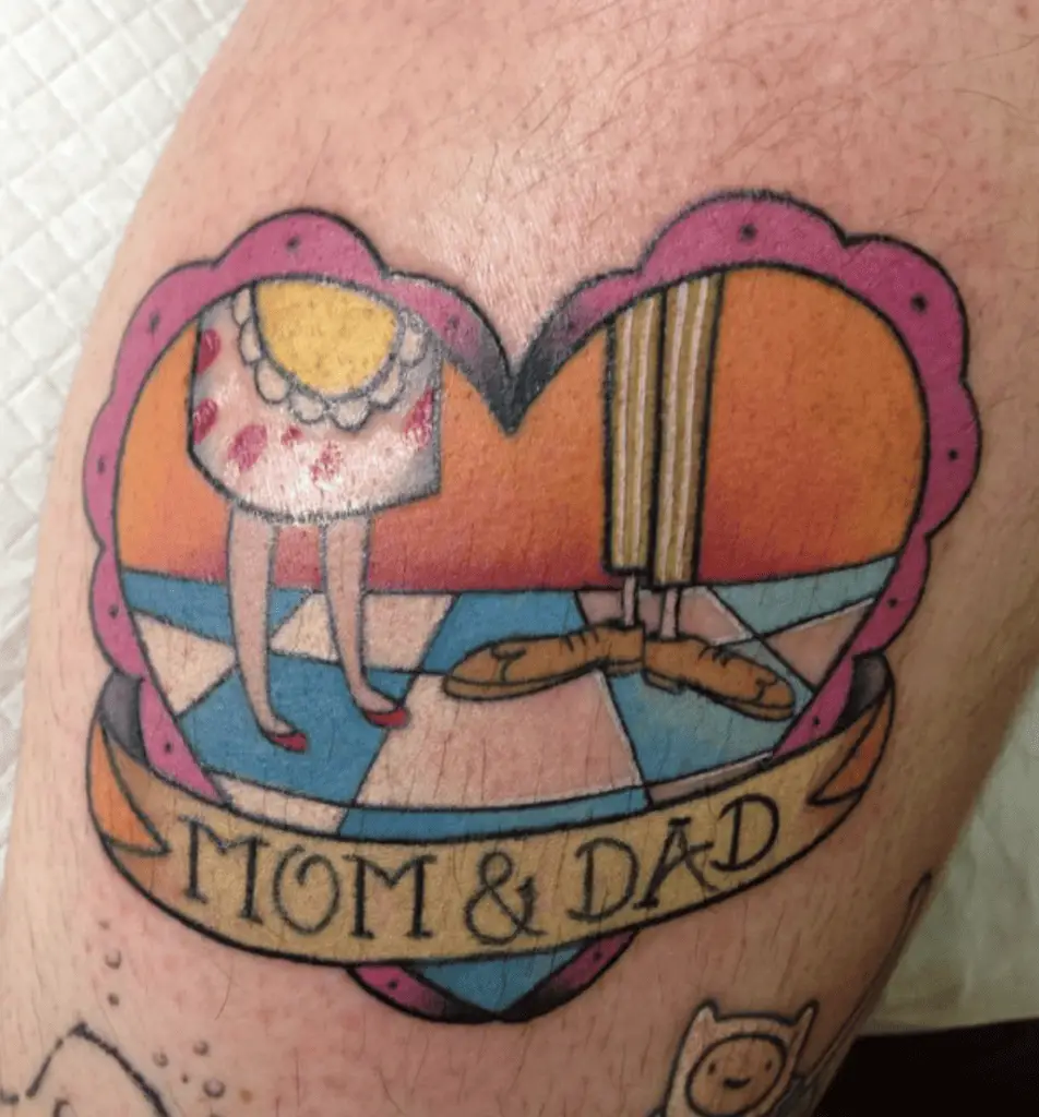 Colored Mom and Dad in the Reference of Cow and Chicken TV Series in Heart Shape Leg Tattoo
