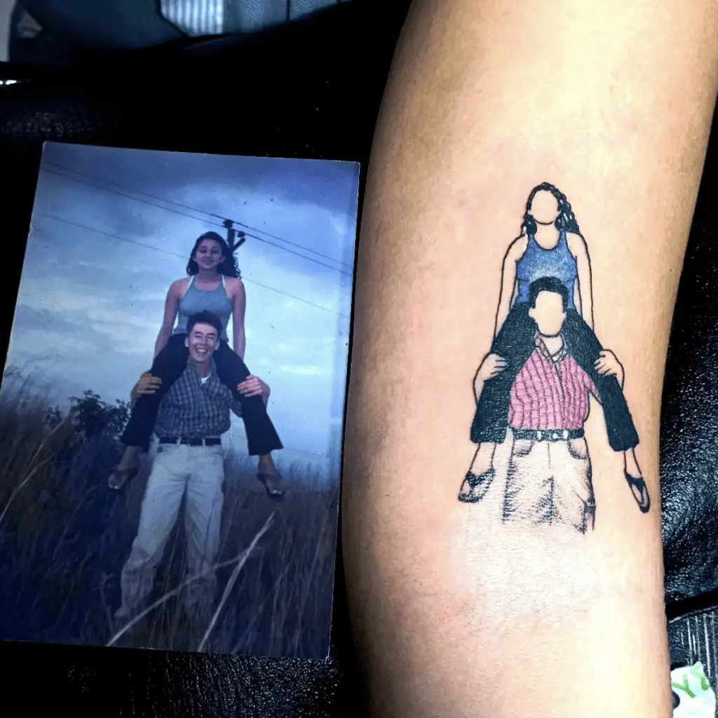 Colored Photo Outline of Mom and Dad Arm Tattoo