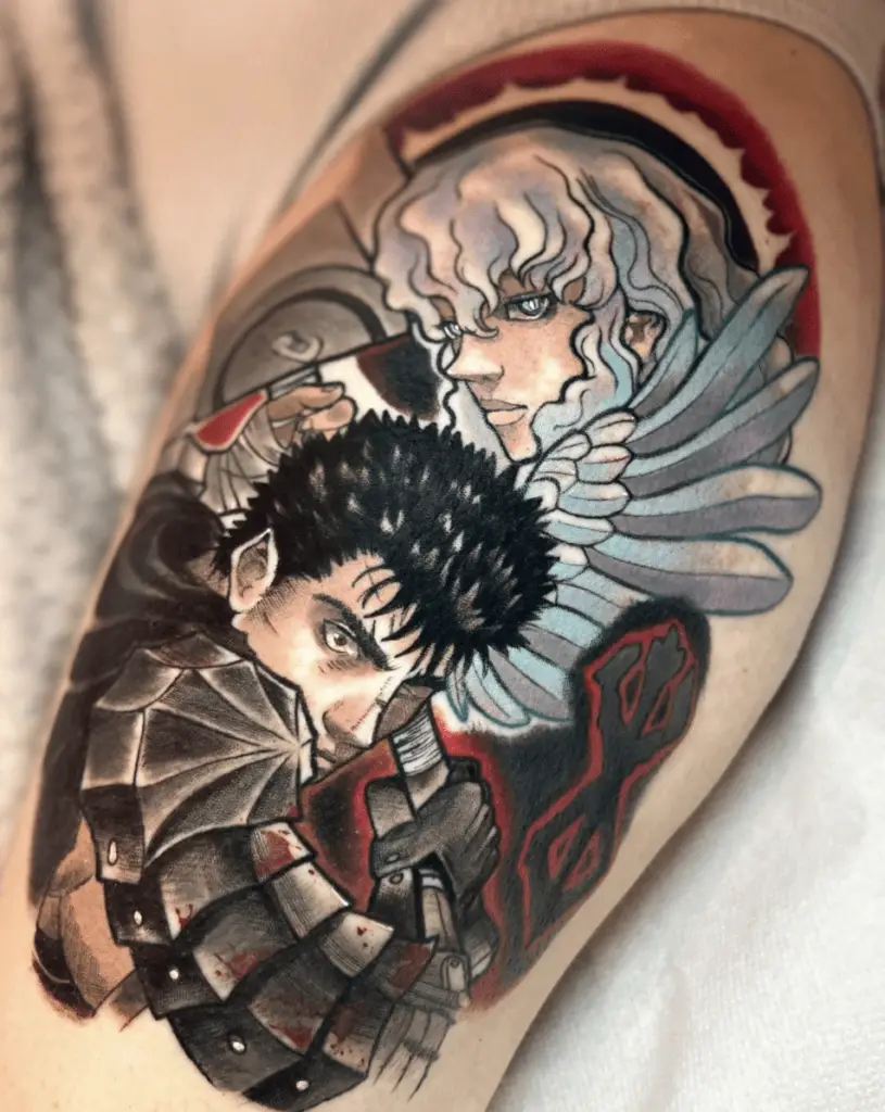 Colored Portrait of Armored Guts and White Hawk Griffith Thigh Tattoo