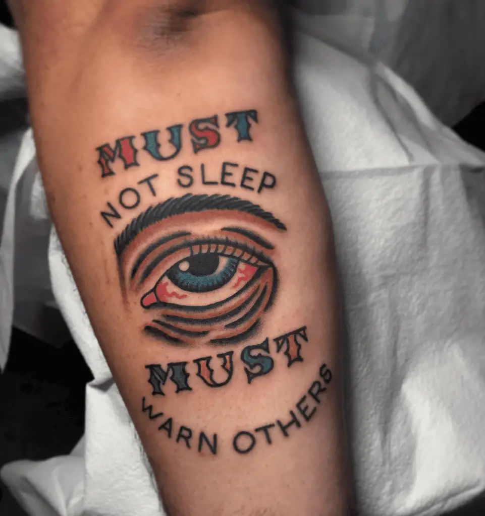 Colored Right Eye With Decorative and Simple Font Style in Word Phrase Text Arm Tattoo