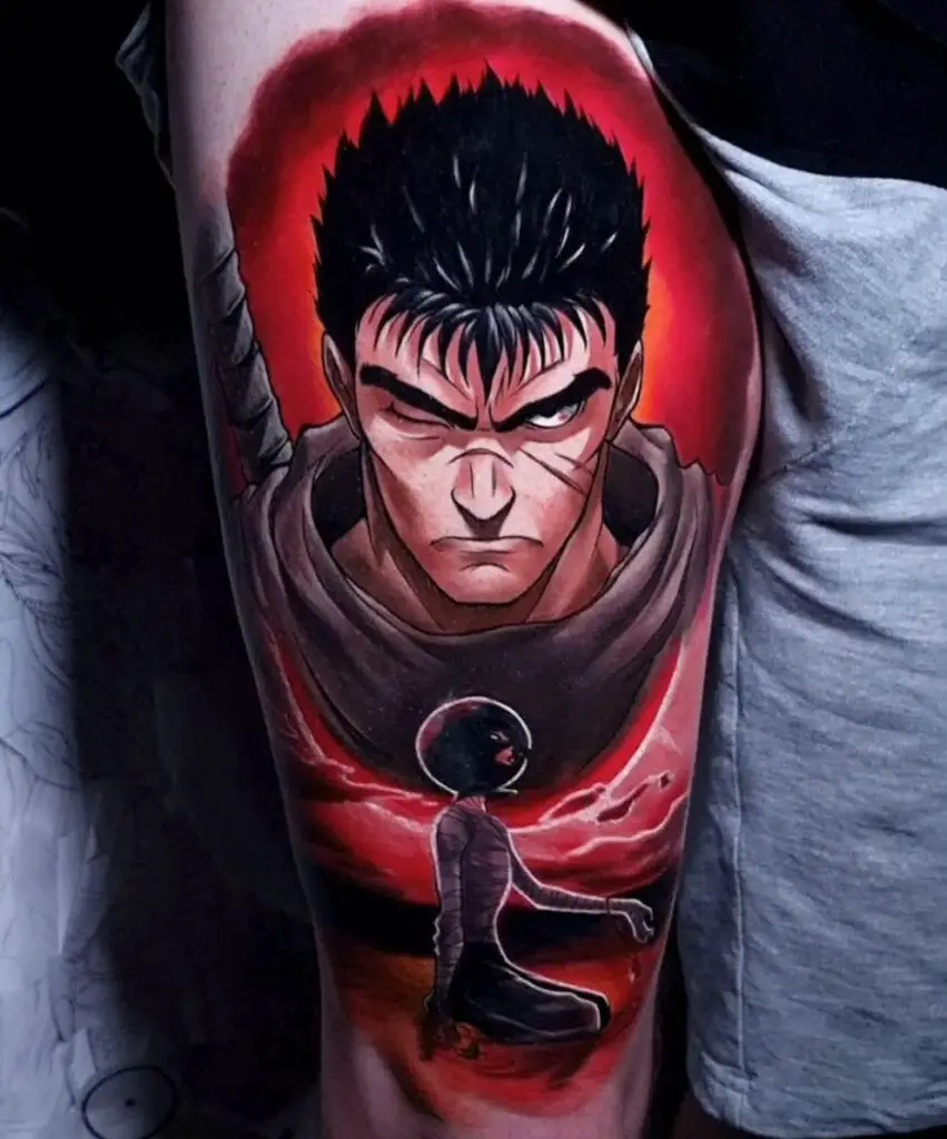 Colored Serious Guts Thigh Tattoo