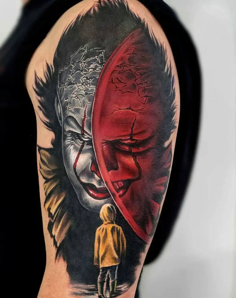 Colored Young Boy Facing the Scary Clown With Black and Red Arm Tattoo