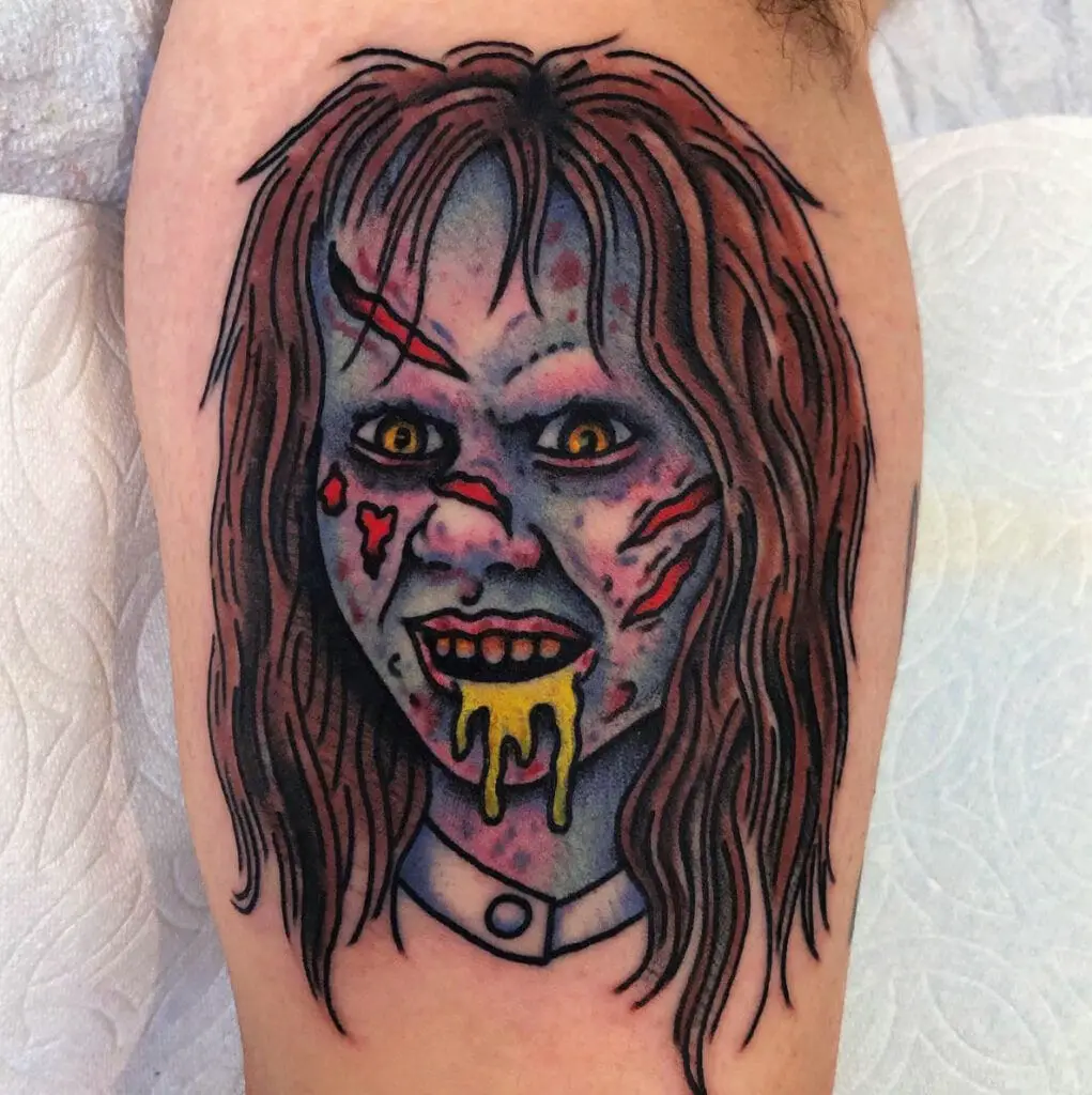 Colored Young Girl With Face Scars and Vomit on Her Mouth Arm Tattoo