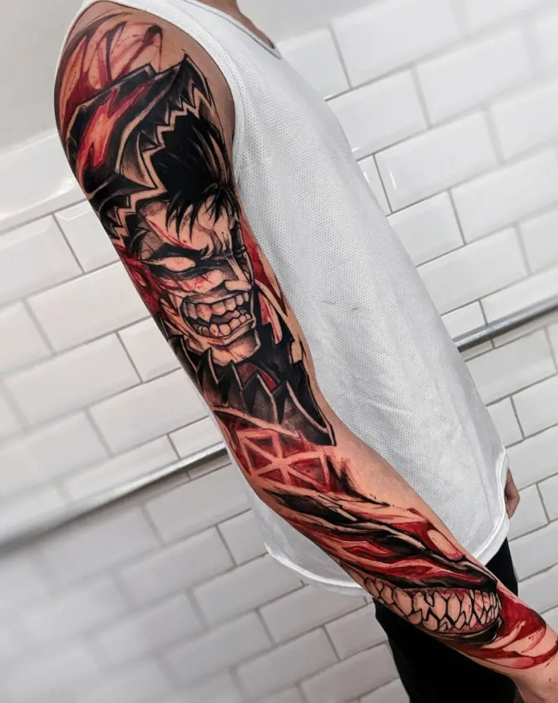 Crazy Berserker Armor Guts and Beast Dog With Red Flowing Details Arm Sleeves Tattoo