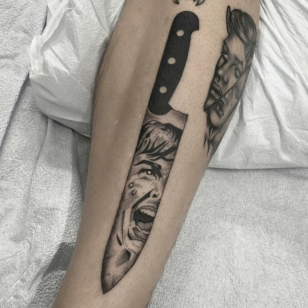 Crying Woman in Kitchen Knife Reflection Leg Tattoo
