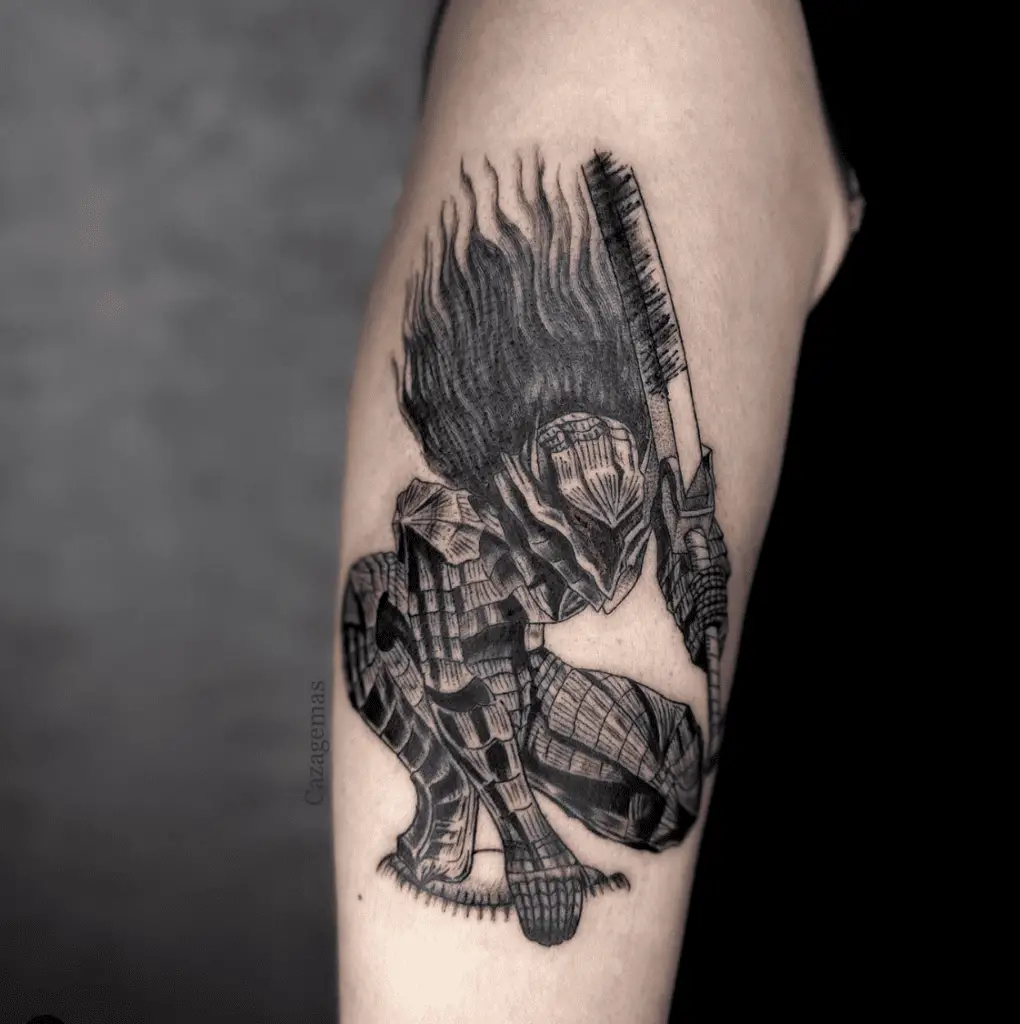 Detailed Berserk Guts in Armor Arm Tattoo