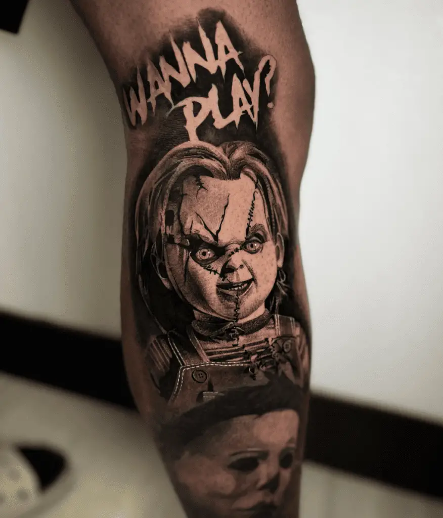 Detailed Chucky with Text Leg Tattoo