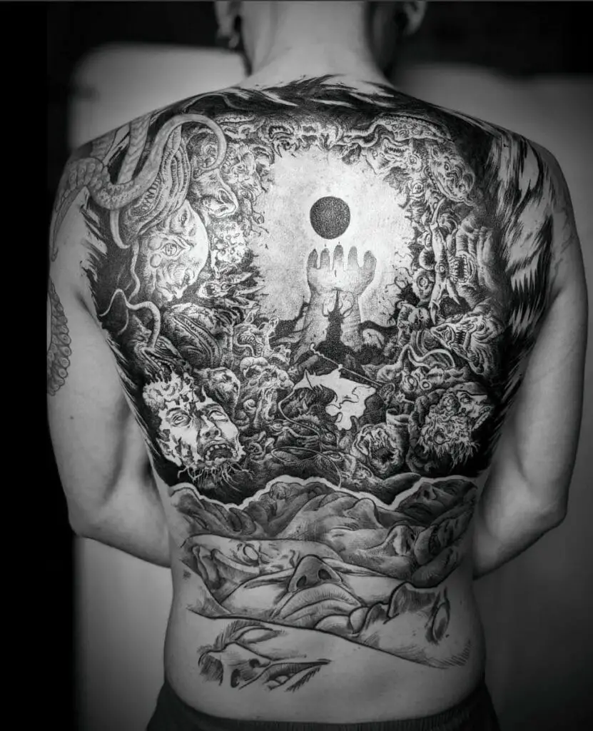 Detailed Magnificent Eclipse With Eerie Back Piece Tattoo