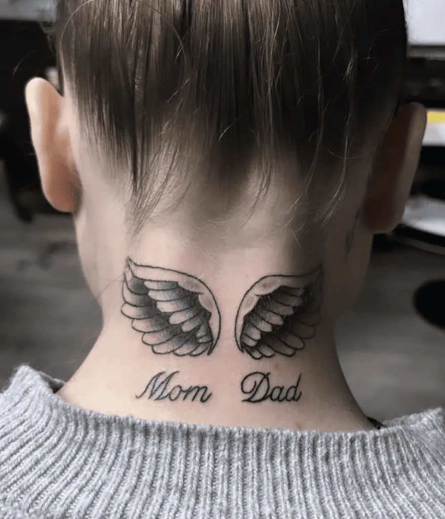 Detailed Mom and Dad With Wings Neck Tattoo