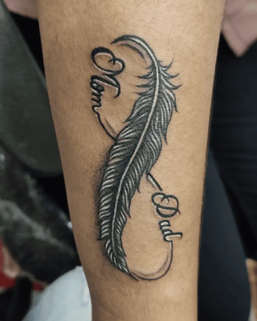 Detailed Mom and Dad in Infinity Feather Arm Tattoo